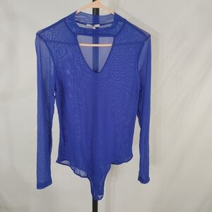 Iris Blue Sheer Mesh Bodysuit 1X Long Sleeve V Neck Stretch Y2K Clubwear Top
